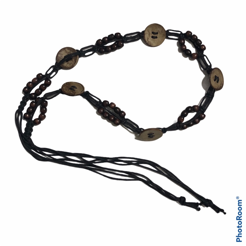 Adjustable Boho Waist Belt with Black Cord and Brown Beads